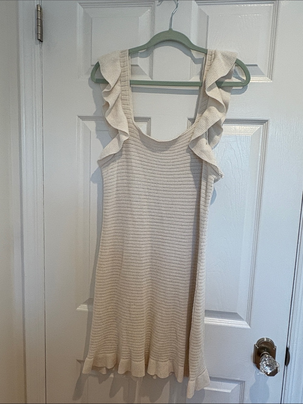 Anthropologie Cream Knit Ruffle-Trim Dress
